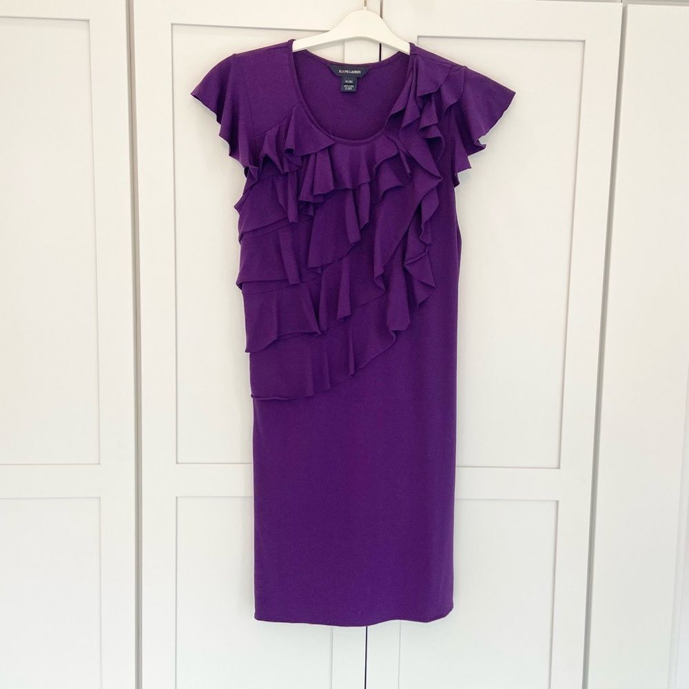 RALPH LAUREN Purple Ruffle Flutter Sleeve Knee Length Dress Size 16